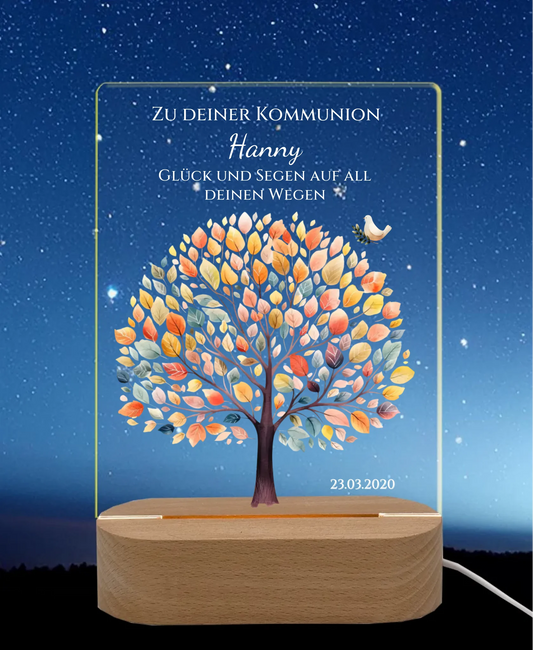 Zur Kommunion / Konfirmation / Taufe oder Geburt. Personalisiertes Kinder oder Baby - LED Nachtlicht Lebensbaum LED-Nachtlicht für Erwachsene & Kinder rechteckig Transparent