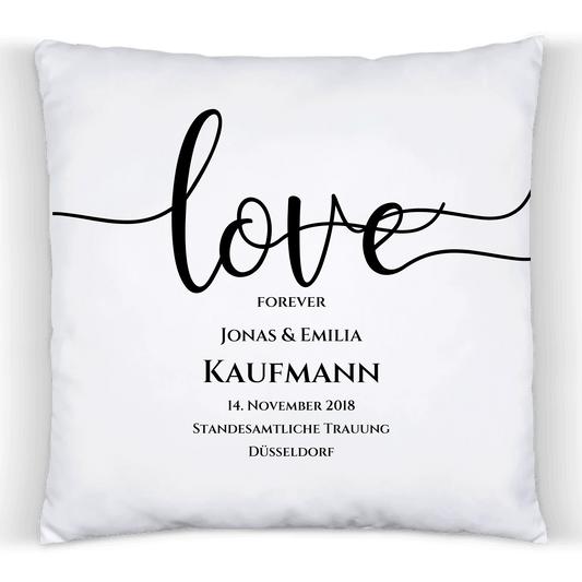 "LOVE" Kissen Hochzeitsgeschenk | personalisiertes Hochzeitskissen Brautpaar | Geschenkidee zur Hochzeit, Hochzeitstag, Valentinstag, Geburtstag Premium Kissen (Plüschoberfläche) Premium Kissen