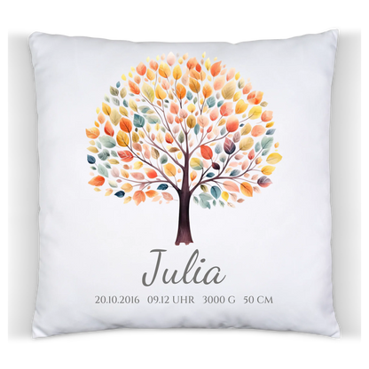 Lebensbaum - Personalisiertes Geburtsgeschenk / Taufgeschenk - Kissen mit Name und Geburtsdaten