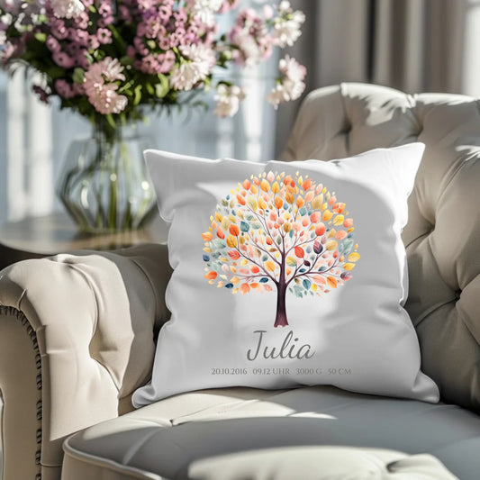 Lebensbaum - Personalisiertes Geburtsgeschenk / Taufgeschenk - Kissen mit Name und Geburtsdaten