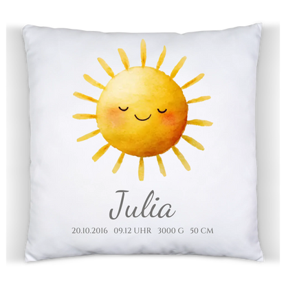 Sonne - Personalisiertes Geburtsgeschenk / Taufgeschenk - Kissen mit Name und Geburtsdaten