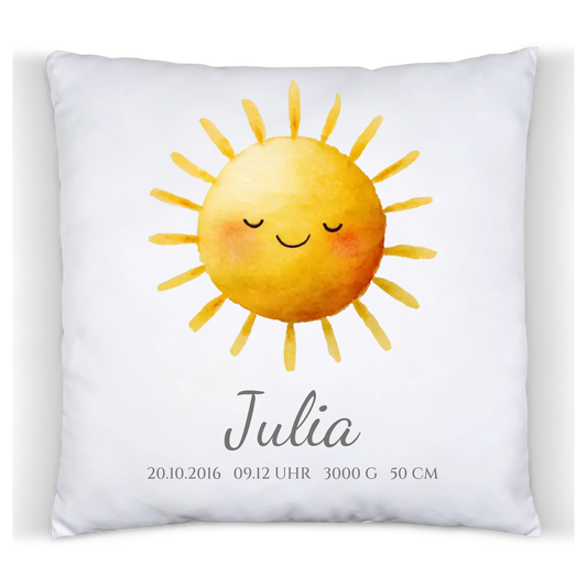 Sonne - Personalisiertes Geburtsgeschenk / Taufgeschenk - Kissen mit Name und Geburtsdaten