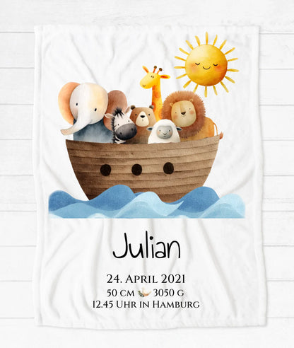 Personalisiertes Geburtsgeschenk / Taufgeschenk: Sonne Decke mit Name und Geburtsdaten