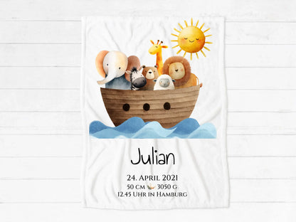 Personalisiertes Geburtsgeschenk / Taufgeschenk: Sonne Decke mit Name und Geburtsdaten