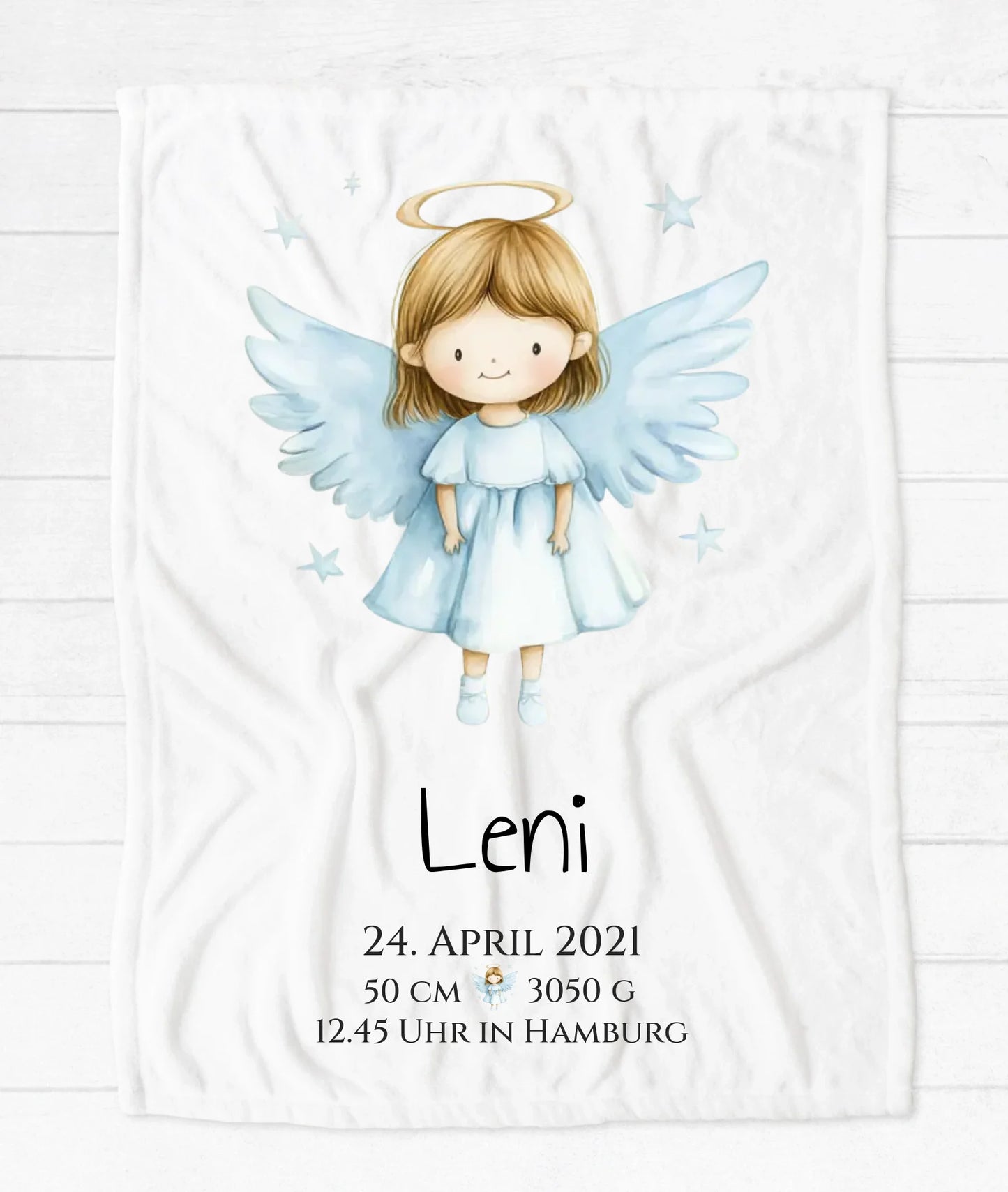 Schutzengel - Personalisiertes Geburtsgeschenk / Taufgeschenk: Decke mit Name und Geburtsdaten