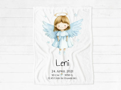 Schutzengel - Personalisiertes Geburtsgeschenk / Taufgeschenk: Decke mit Name und Geburtsdaten