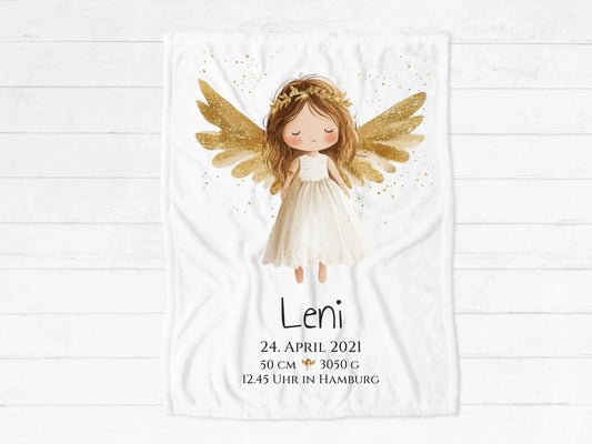 Schutzengel - Personalisiertes Geburtsgeschenk / Taufgeschenk: Decke mit Name und Geburtsdaten