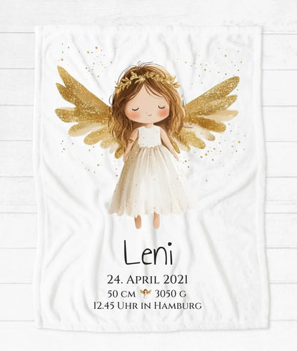 Schutzengel - Personalisiertes Geburtsgeschenk / Taufgeschenk: Decke mit Name und Geburtsdaten