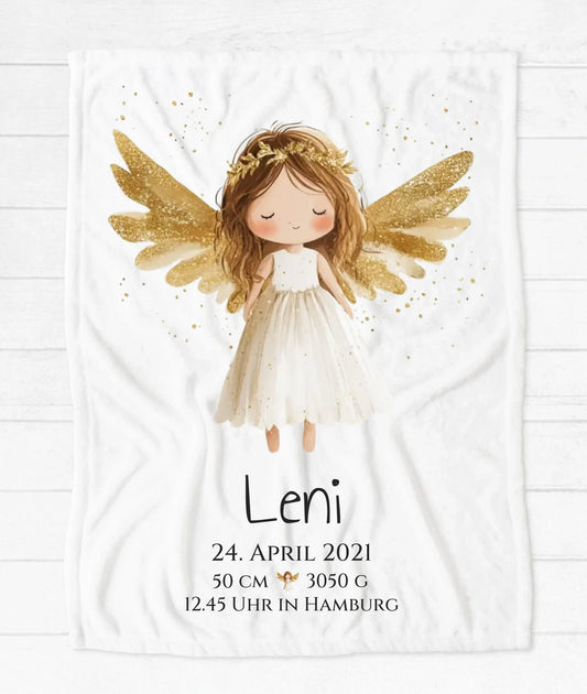 Schutzengel - Personalisiertes Geburtsgeschenk / Taufgeschenk: Decke mit Name und Geburtsdaten