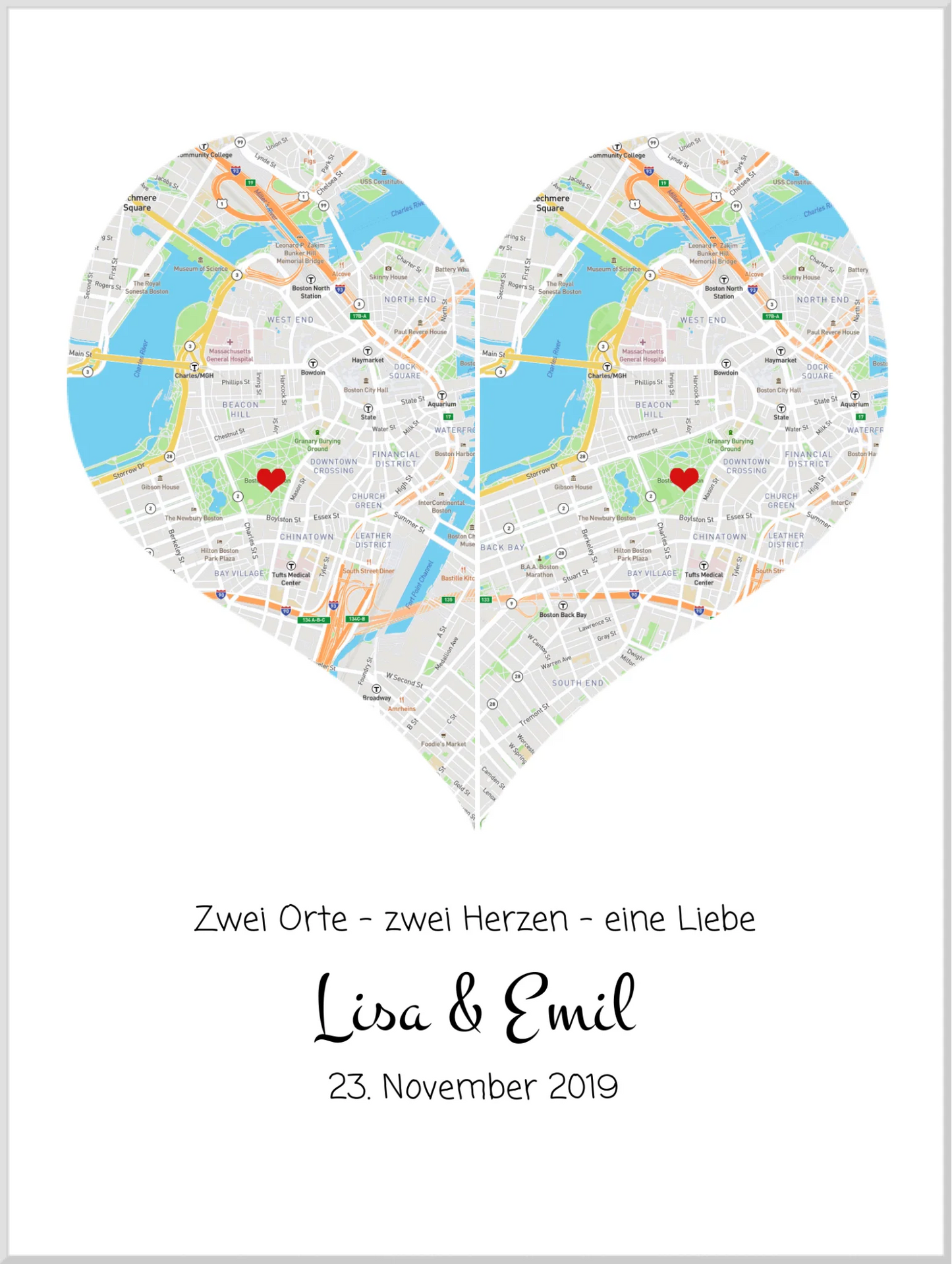 „Wo alles begann“-Poster: Stadtkarte mit 2 Orten & Herz, Namen & Datum – Hochzeitsgeschenk Leinwanddruck Leinwandbild