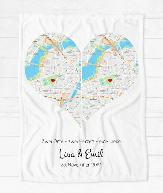 Wo alles begann - Stadtkarte Fleece Decke - 2 Herzen - Hochzeitsgeschenk - Partnergeschenk - Weihnachtsgeschenk