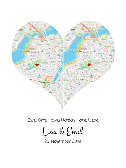 „Wo alles begann“-Poster: Stadtkarte mit 2 Orten & Herz, Namen & Datum – Hochzeitsgeschenk !!! Digitale Datei zum Selberdrucken - kein Poster !!! Digitale Datei zum Selberdrucken - kein Poster A4 A3 A2