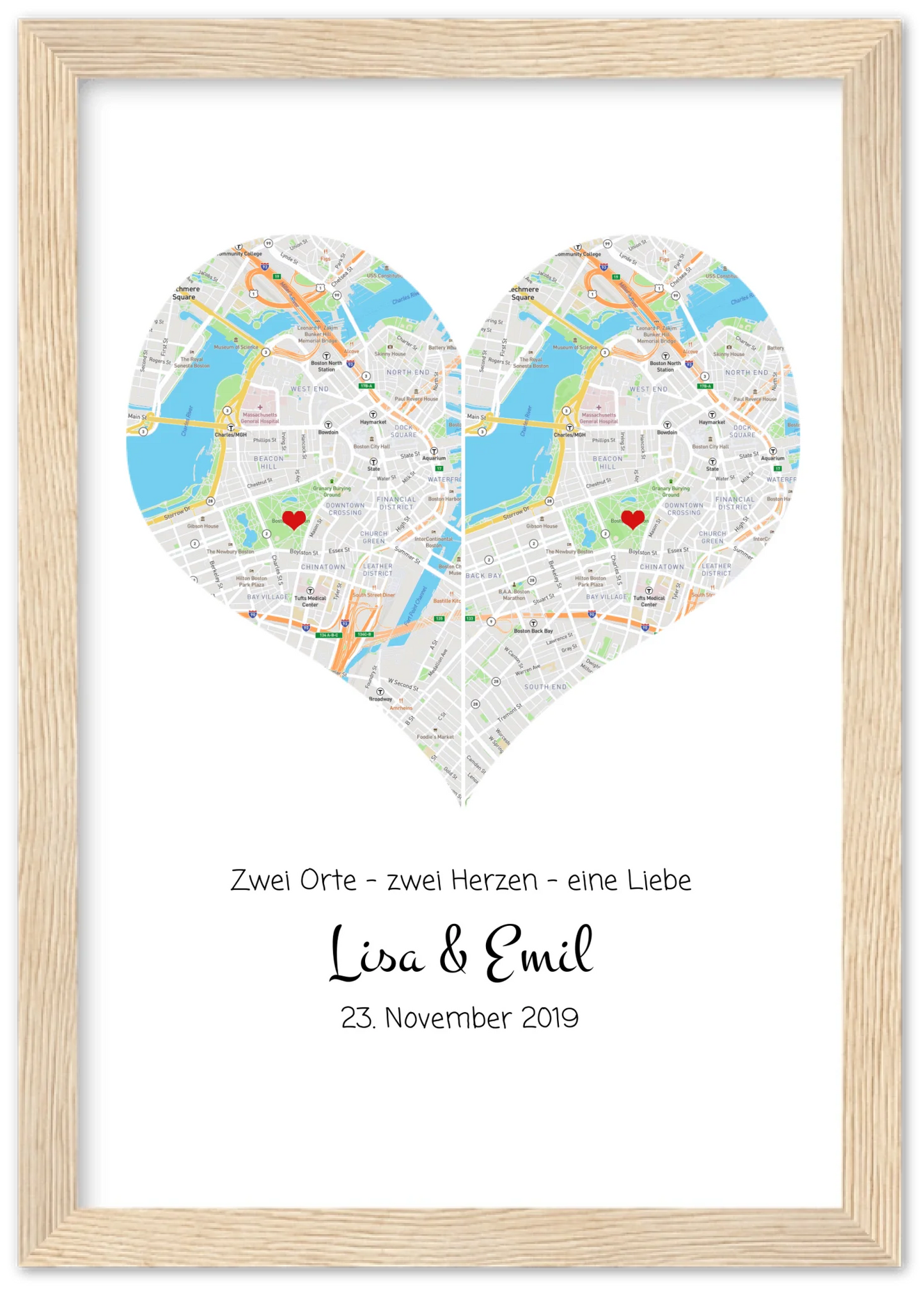 „Wo alles begann“-Poster: Stadtkarte mit 2 Orten & Herz, Namen & Datum – Hochzeitsgeschenk Premium Matte Paper Wooden Framed Poster - Wood - Vertical Gerahmtes Poster
