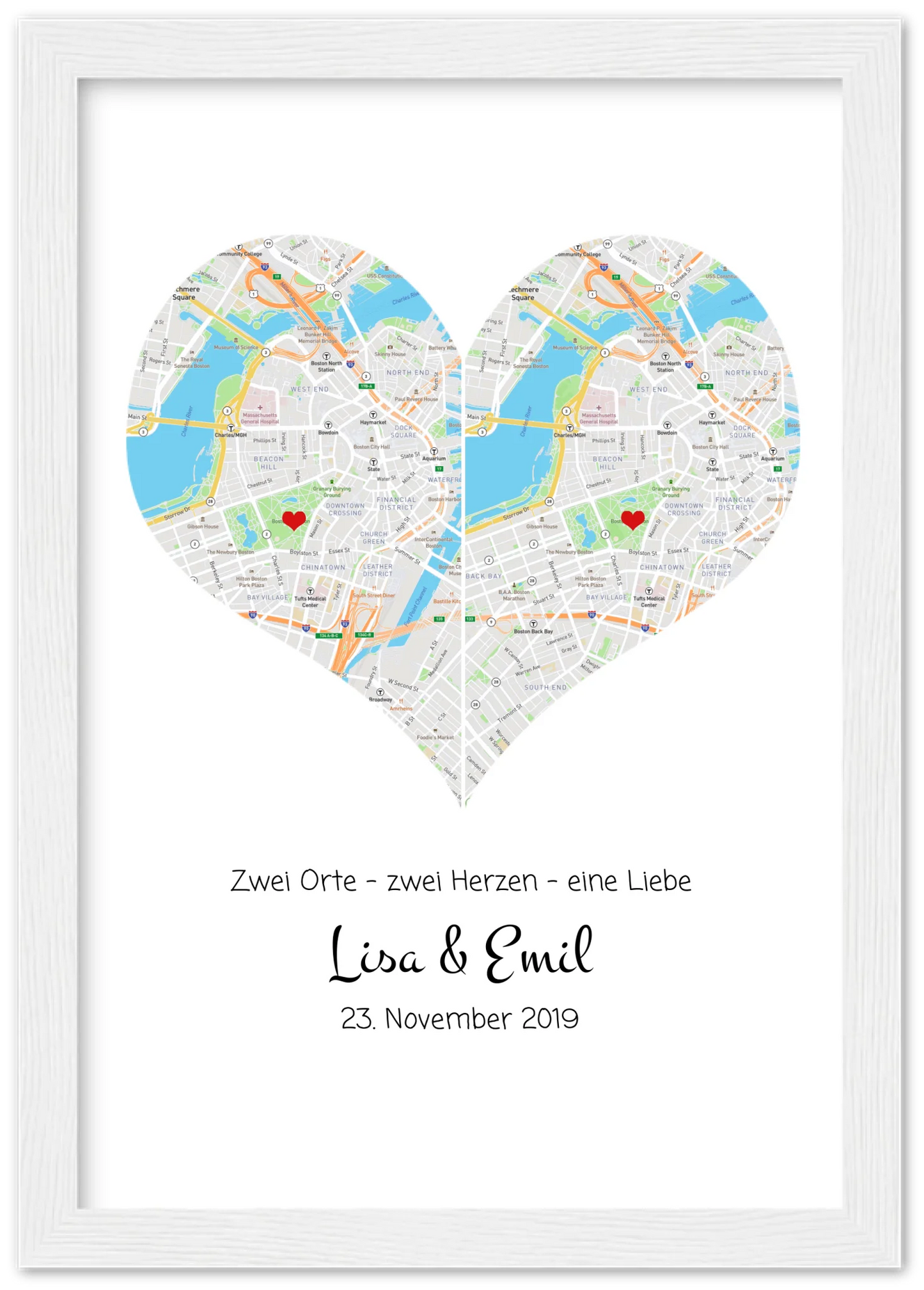 „Wo alles begann“-Poster: Stadtkarte mit 2 Orten & Herz, Namen & Datum – Hochzeitsgeschenk Premium Matte Paper Wooden Framed Poster - White - Vertical Gerahmtes Poster