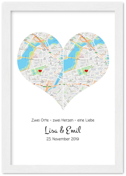 „Wo alles begann“-Poster: Stadtkarte mit 2 Orten & Herz, Namen & Datum – Hochzeitsgeschenk Premium Matte Paper Wooden Framed Poster - White - Vertical Gerahmtes Poster