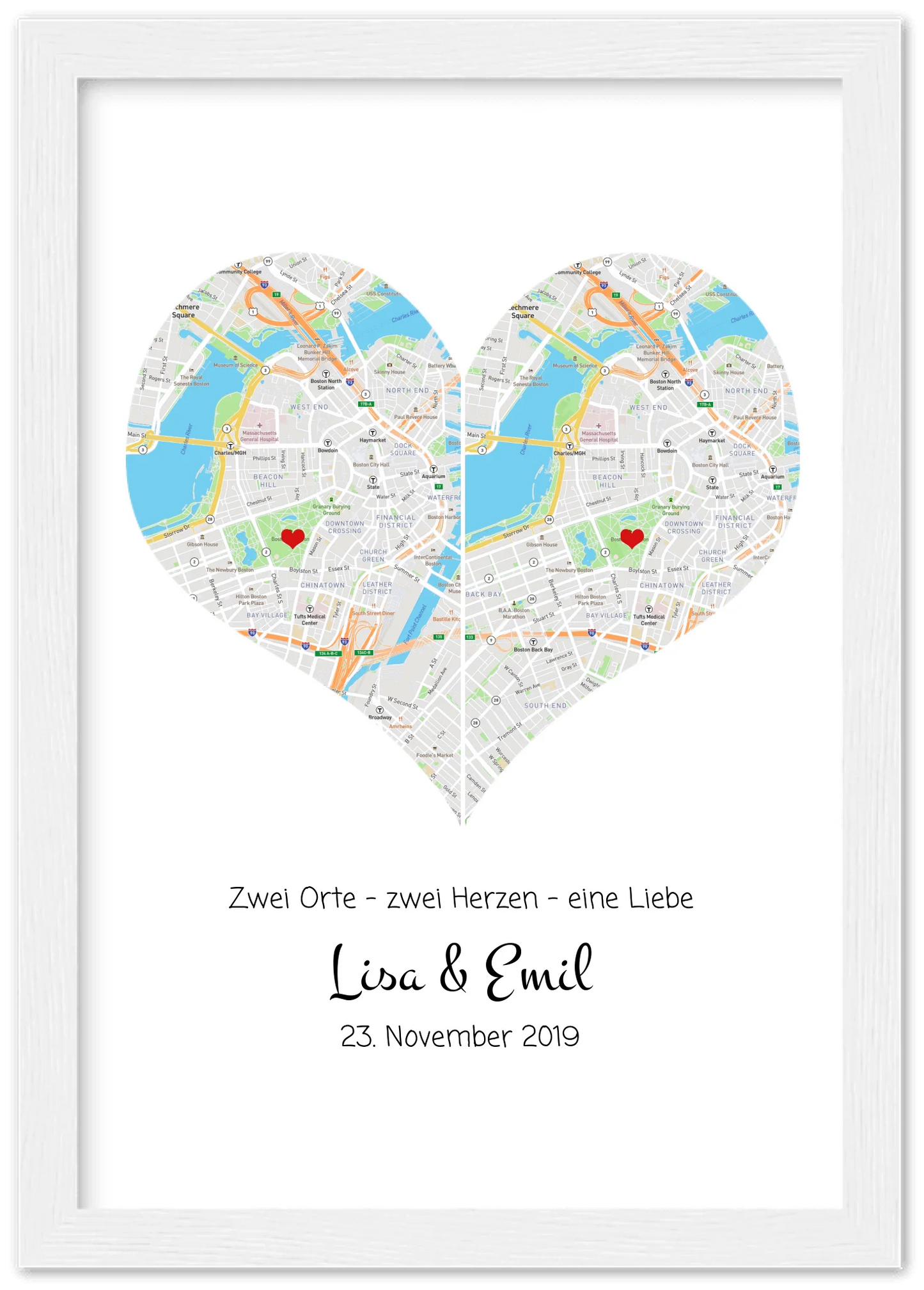 Hochzeitsgeschenk | Gerahmtes Koordinaten Poster Herz im Stadtkarte Design | Geschenkidee Hochzeit  -Valentinstaggeschenk | Geburtstagsgeschenk