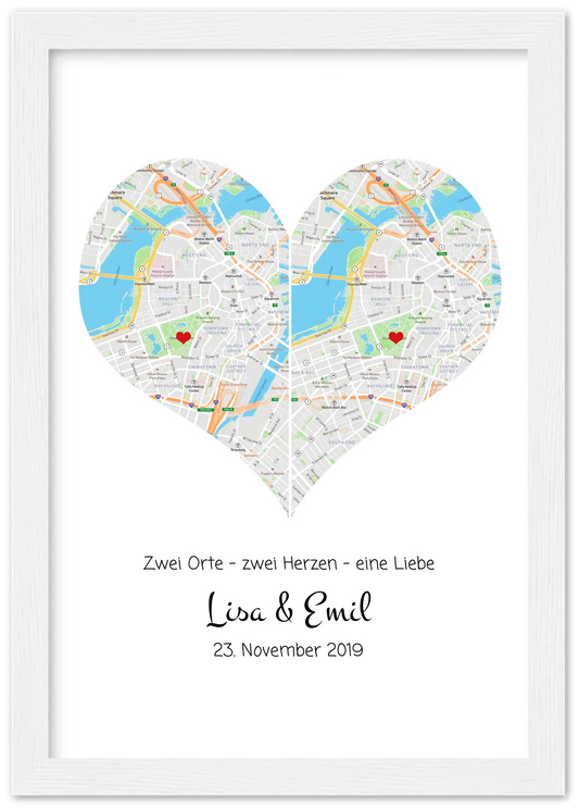 Hochzeitsgeschenk | Gerahmtes Koordinaten Poster Herz im Stadtkarte Design | Geschenkidee Hochzeit  -Valentinstaggeschenk | Geburtstagsgeschenk