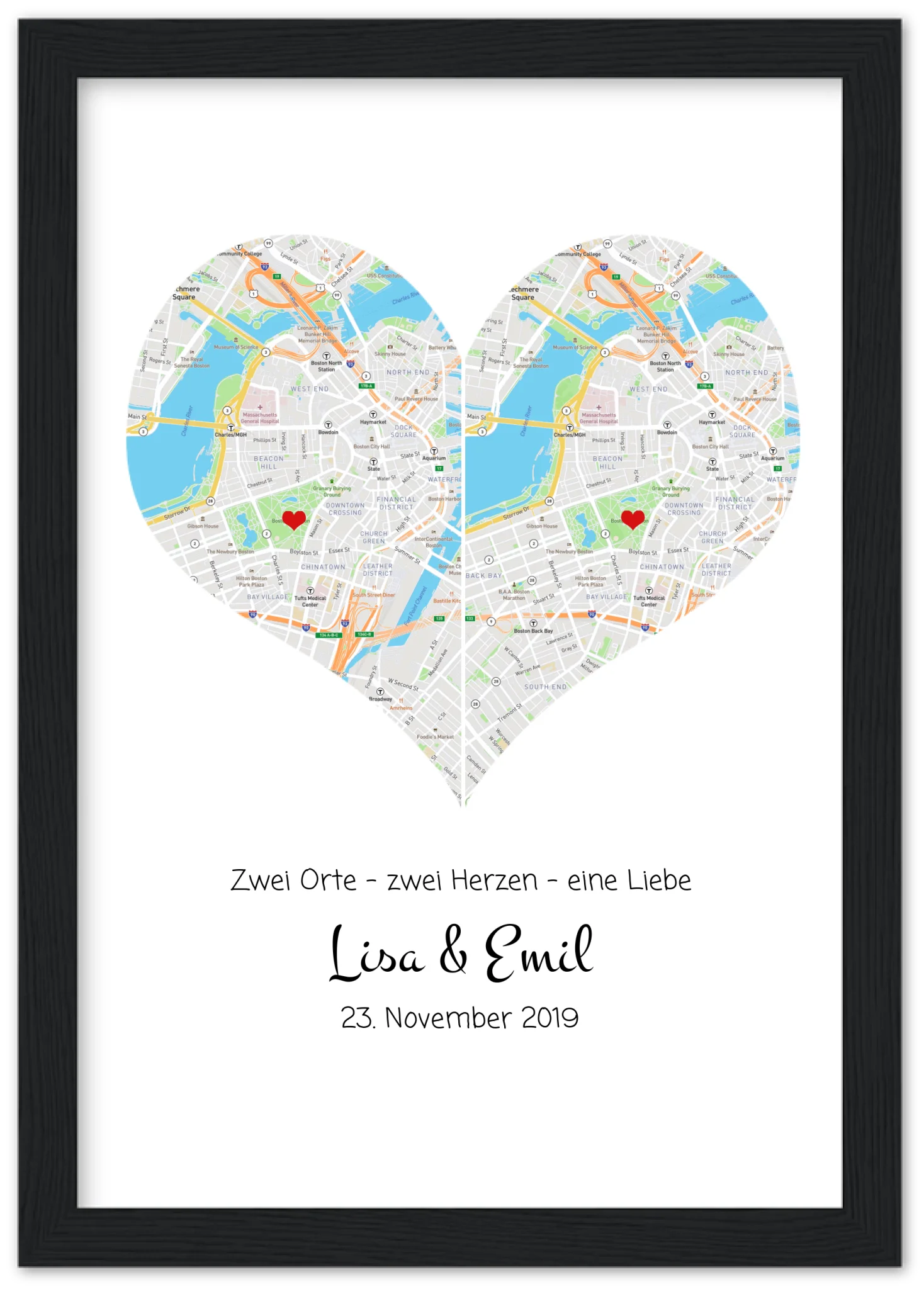 „Wo alles begann“-Poster: Stadtkarte mit 2 Orten & Herz, Namen & Datum – Hochzeitsgeschenk