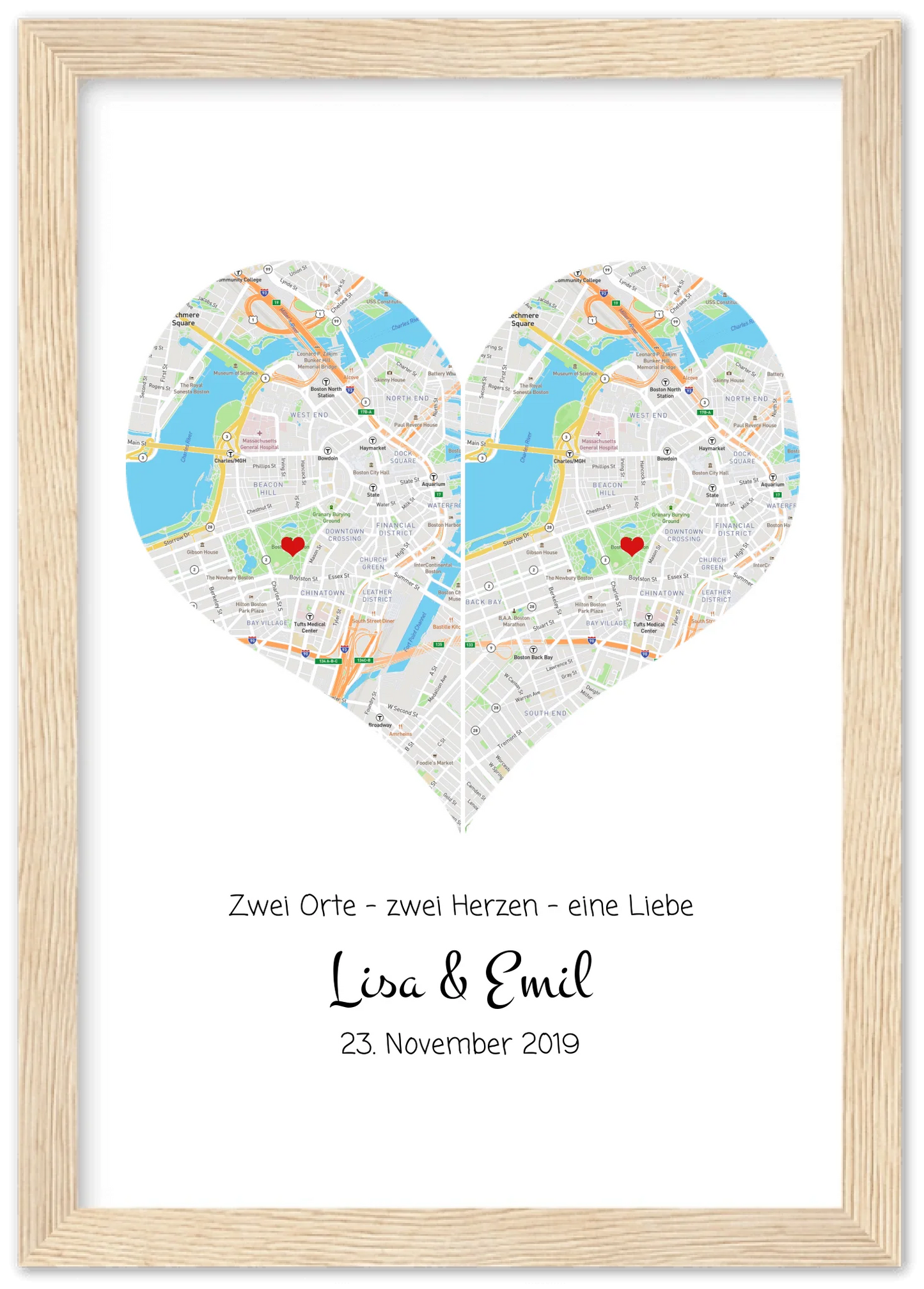 Hochzeitsgeschenk | Gerahmtes Koordinaten Poster Herz im Stadtkarte Design | Geschenkidee Hochzeit  -Valentinstaggeschenk | Geburtstagsgeschenk