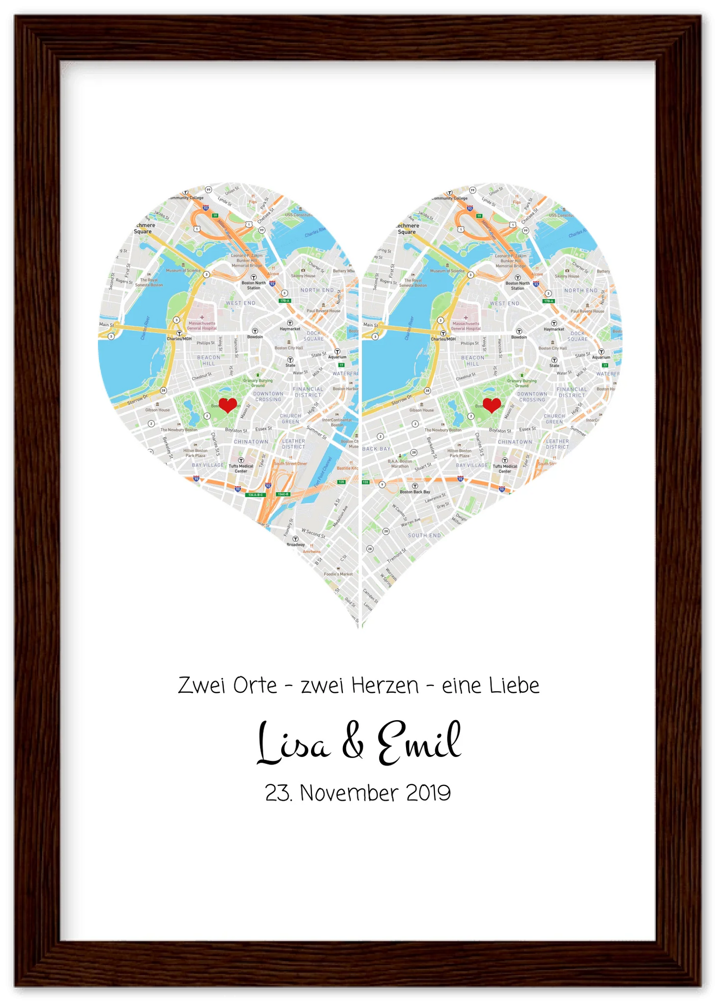 Hochzeitsgeschenk | Gerahmtes Koordinaten Poster Herz im Stadtkarte Design | Geschenkidee Hochzeit  -Valentinstaggeschenk | Geburtstagsgeschenk