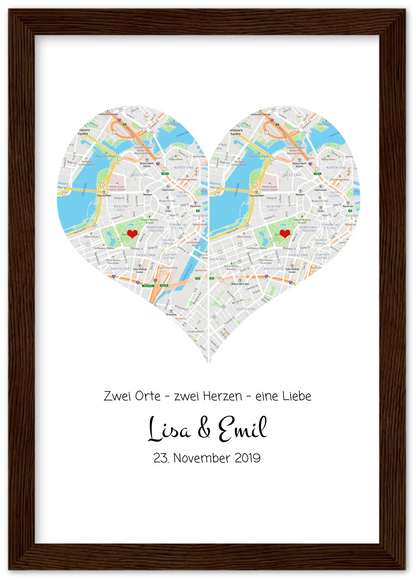 „Wo alles begann“-Poster: Stadtkarte mit 2 Orten & Herz, Namen & Datum – Hochzeitsgeschenk Premium Matte Paper Wooden Framed Poster - Dark wood - Vertical Gerahmtes Poster