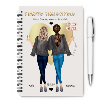 Happy Birthday beste Freundin Personalisierter Collegeblock mit Namen, Datum als Geburtstagsgeschenk Collegeblock liniert default