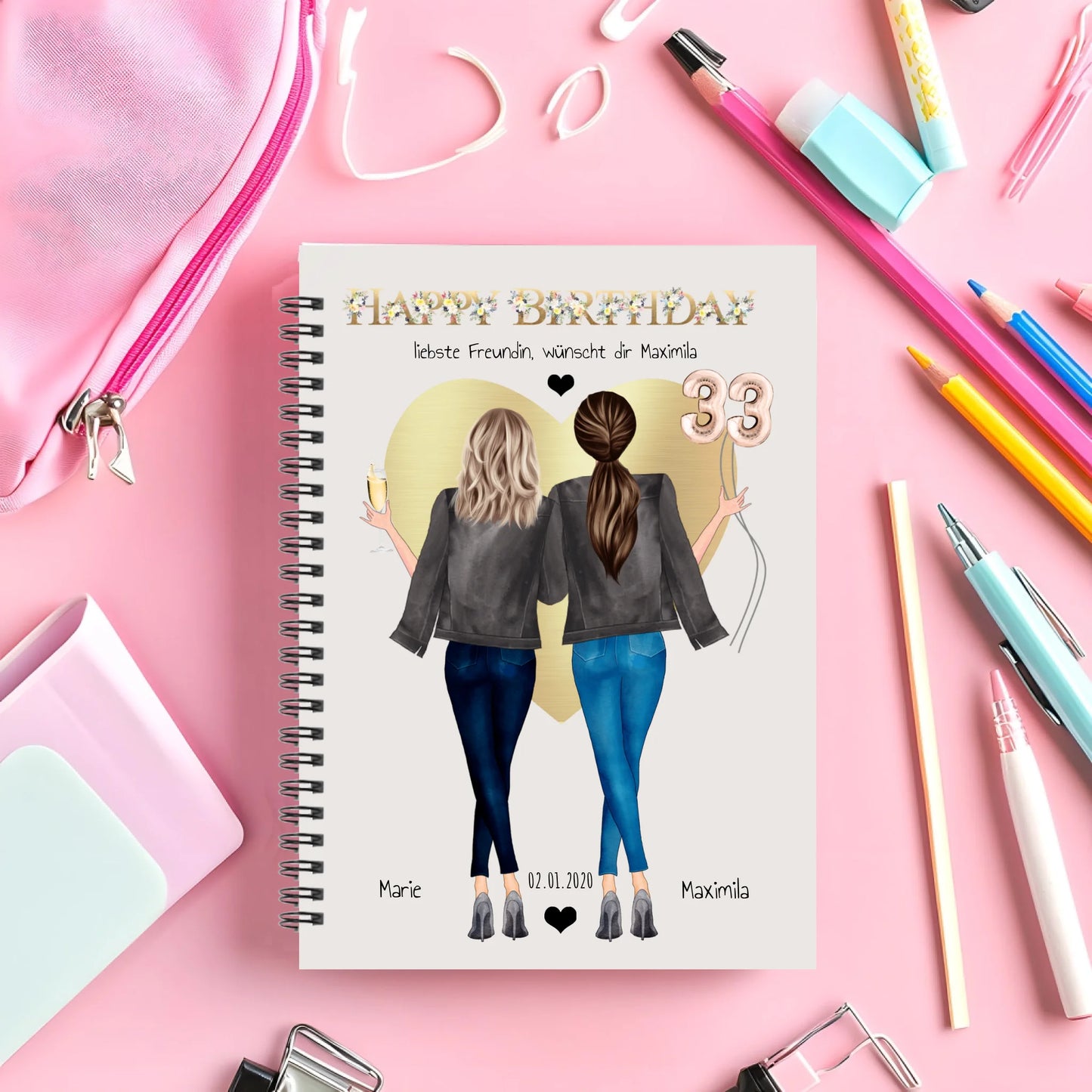 Happy Birthday beste Freundin Personalisierter Collegeblock mit Namen, Datum als Geburtstagsgeschenk