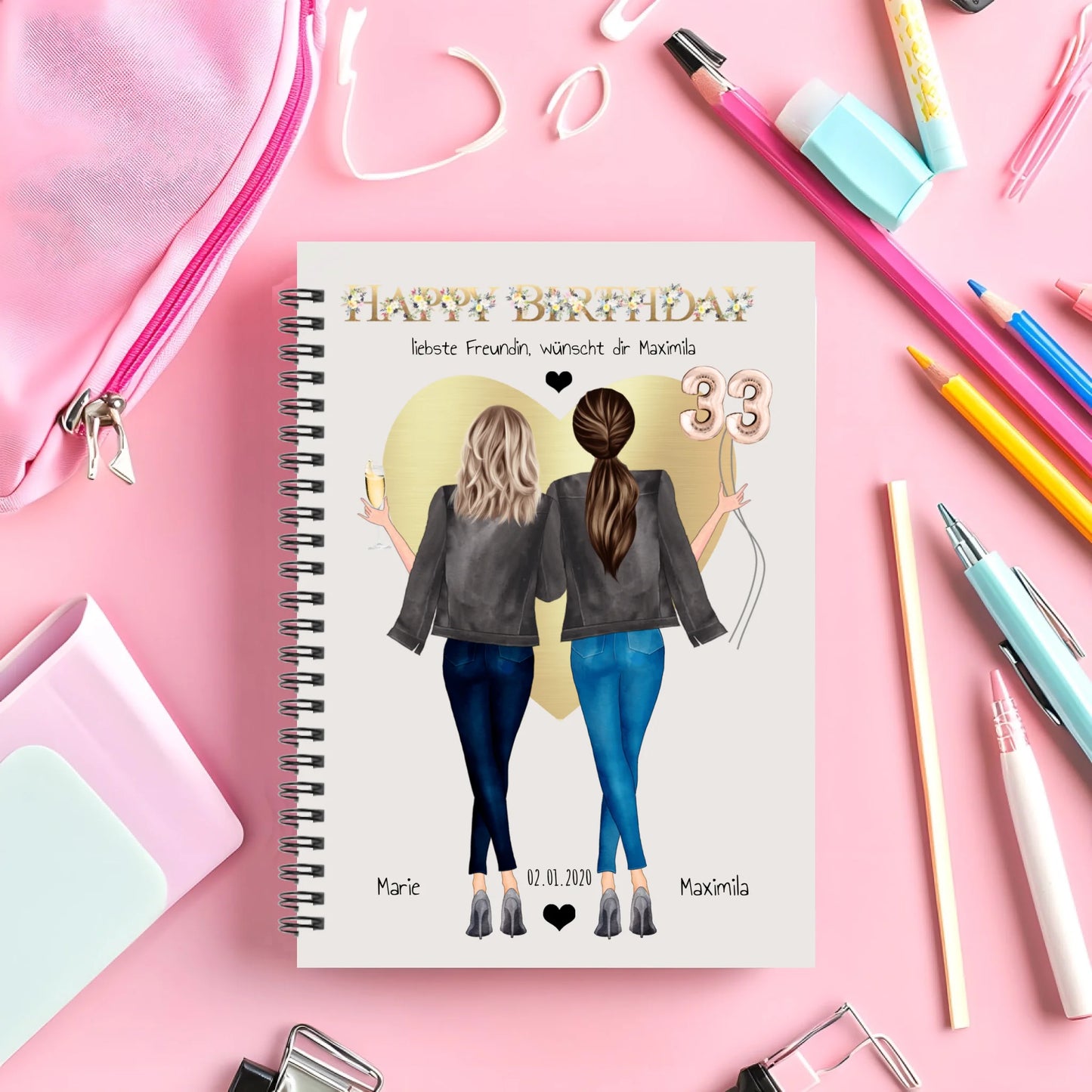 Happy Birthday beste Freundin Personalisierter Collegeblock mit Namen, Datum als Geburtstagsgeschenk