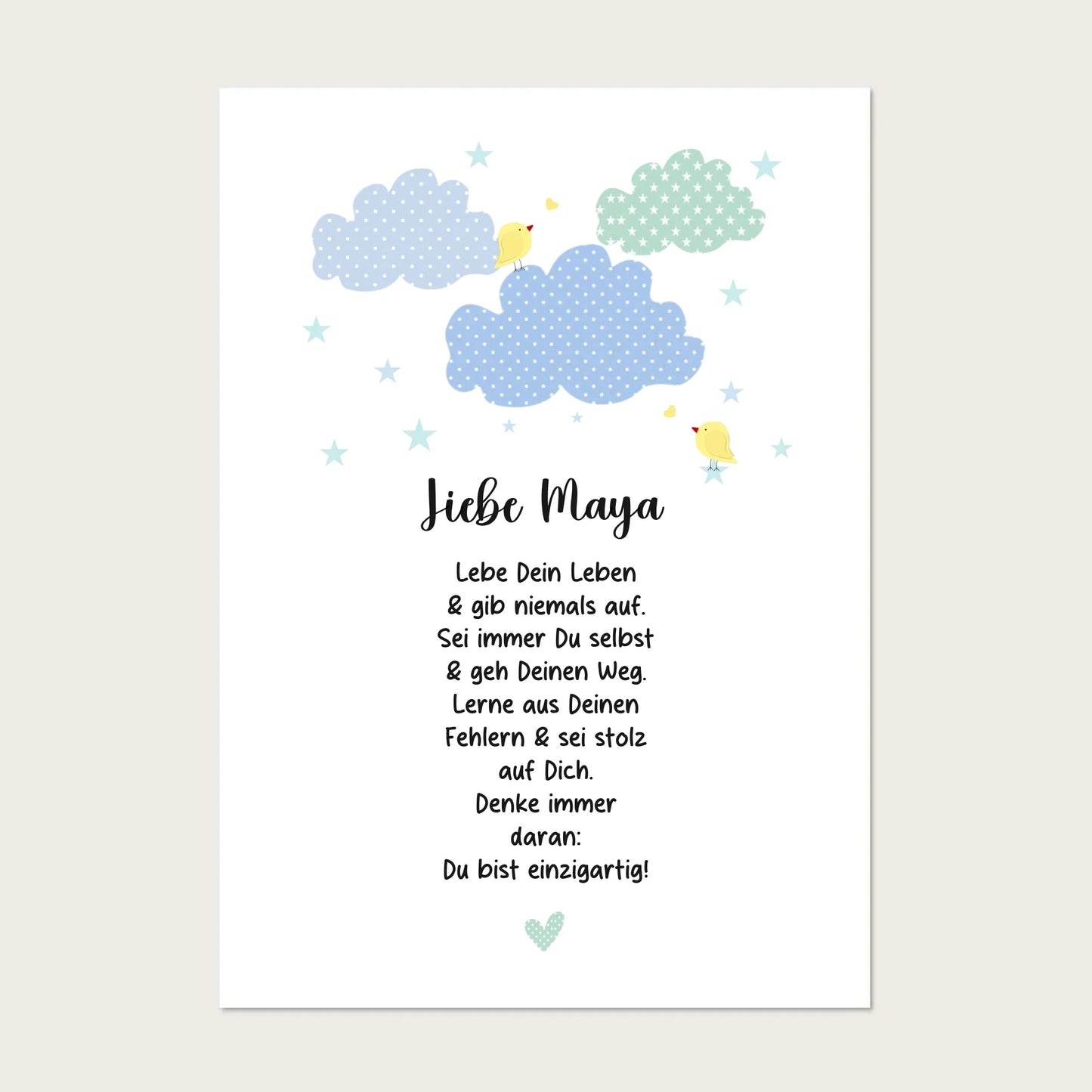 Motivationspostr für Kinder "gib niemals auf" personalisiert mit Namen als Taufgeschenk -Kinderzimmerbild