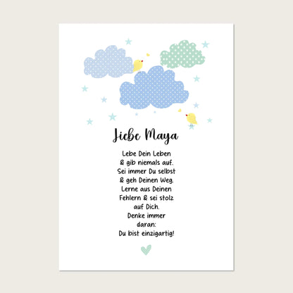 Motivationspostr für Kinder "gib niemals auf" personalisiert mit Namen als Taufgeschenk -Kinderzimmerbild