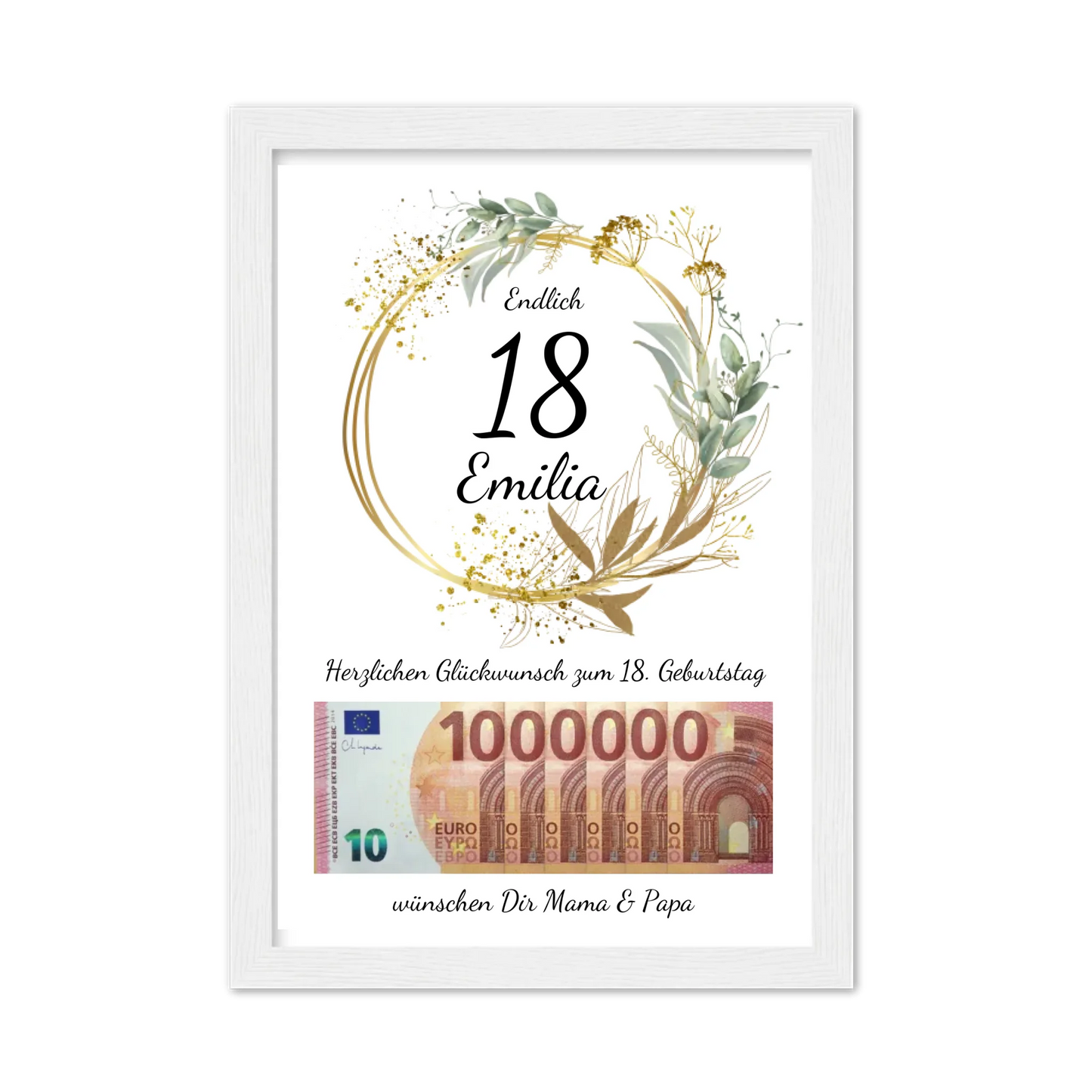 Geldgeschenk Wunscherfüller 18 Geburtstag - Personalisiertes Geschenk, Geburtstagsgeschenk 1. Million Gerahmtes Poster weiß Holzflair Weiß