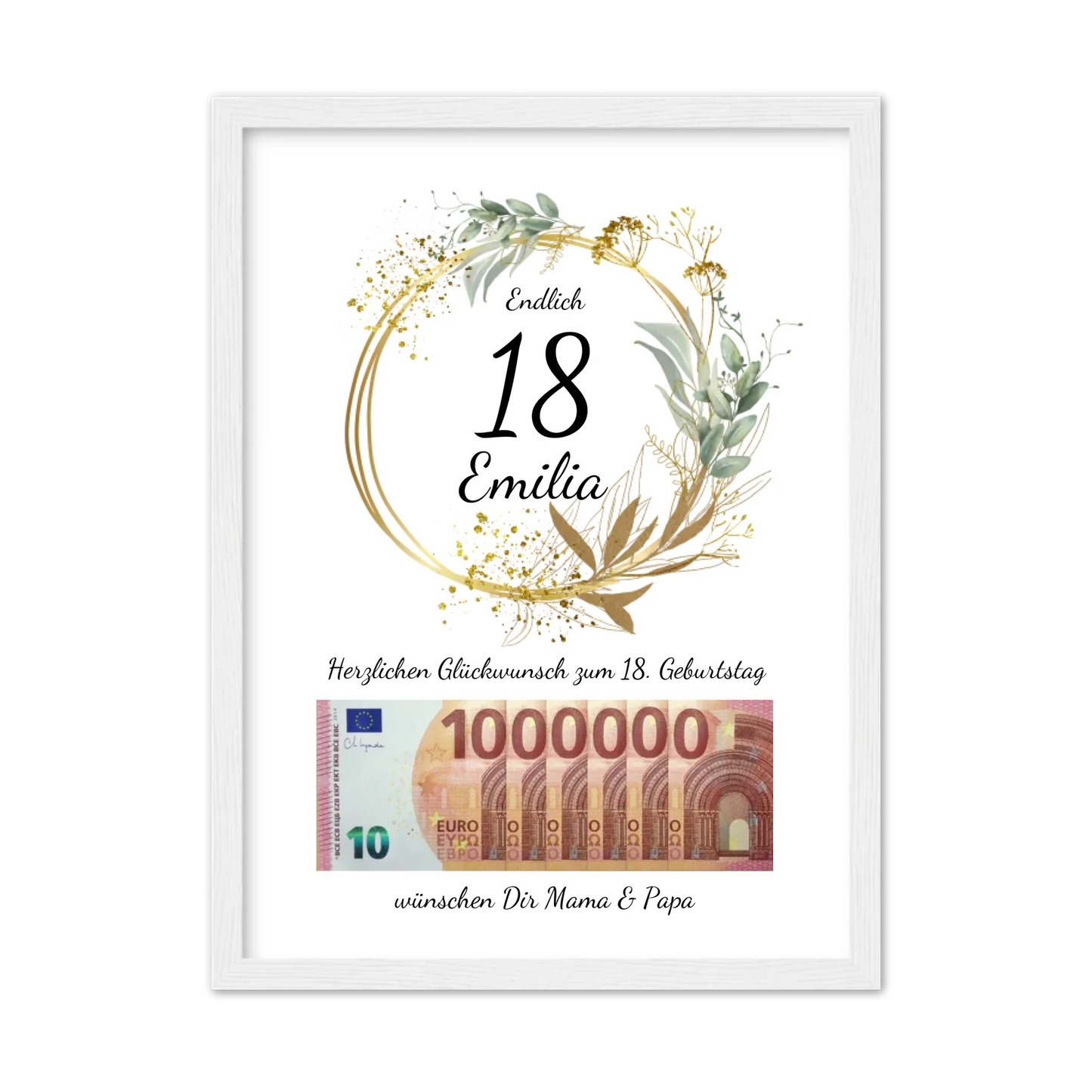 Geldgeschenk Wunscherfüller 18 Geburtstag - Personalisiertes Geschenk, Geburtstagsgeschenk 1. Million Gerahmtes Poster weiß Holzflair Weiß