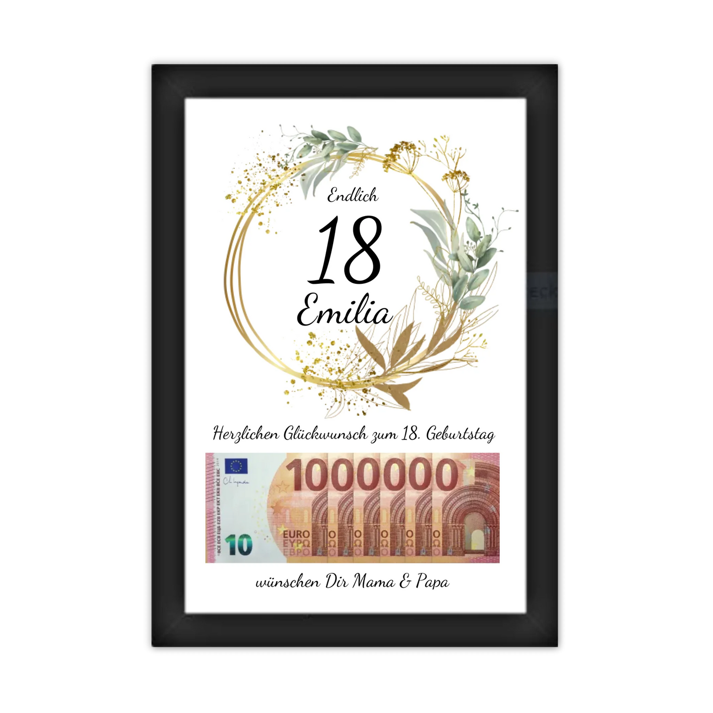 Geldgeschenk Wunscherfüller 18 Geburtstag - Personalisiertes Geschenk, Geburtstagsgeschenk 1. Million Gerahmtes Poster schwarz Holzflair Schwarz