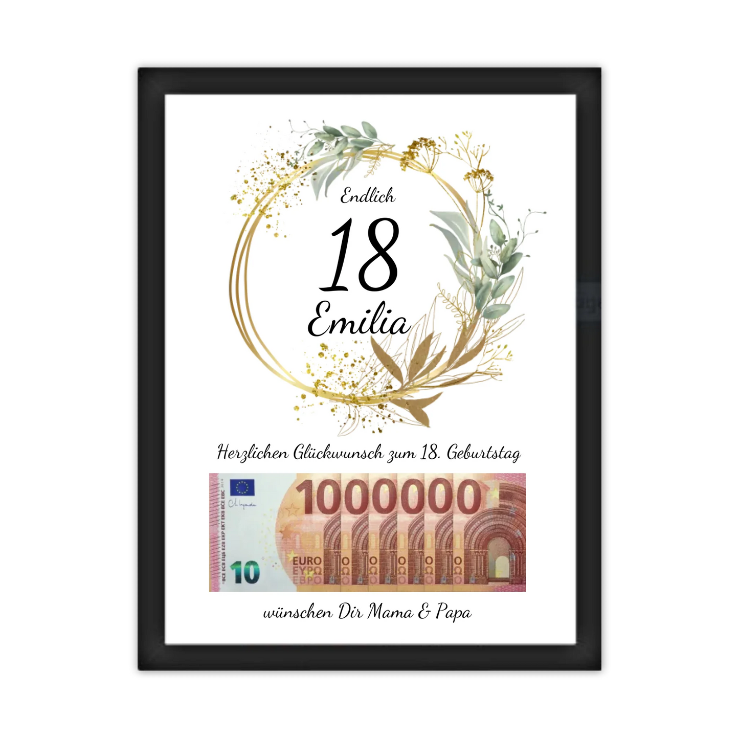 Geldgeschenk Wunscherfüller 18 Geburtstag - Personalisiertes Geschenk, Geburtstagsgeschenk 1. Million Gerahmtes Poster schwarz Holzflair Schwarz