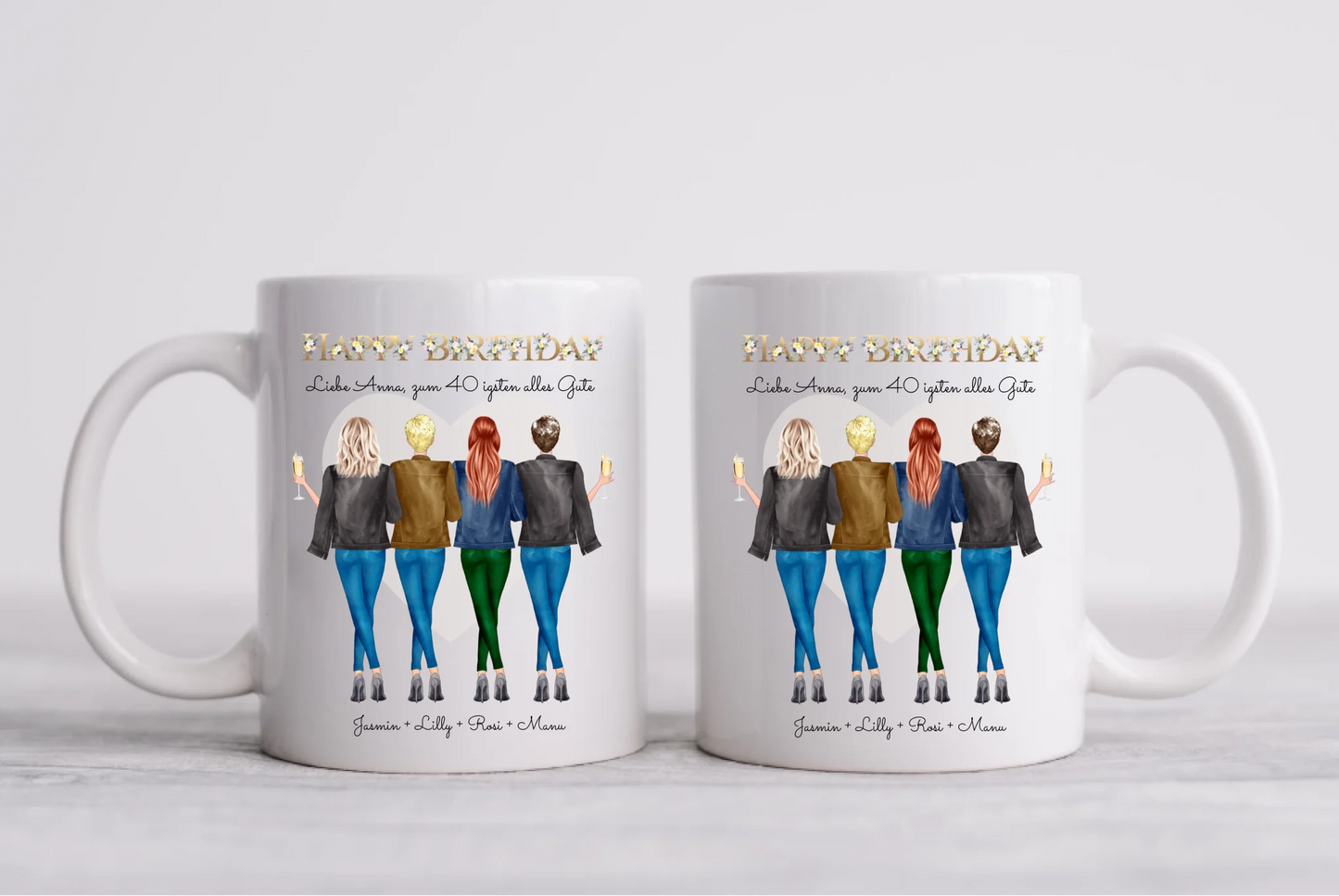 Personalisierte Tasse 40. Geburtstag Freundin - Geburtstagsgeschenk mit 4 Frauen, Freundinnen, Mädchen