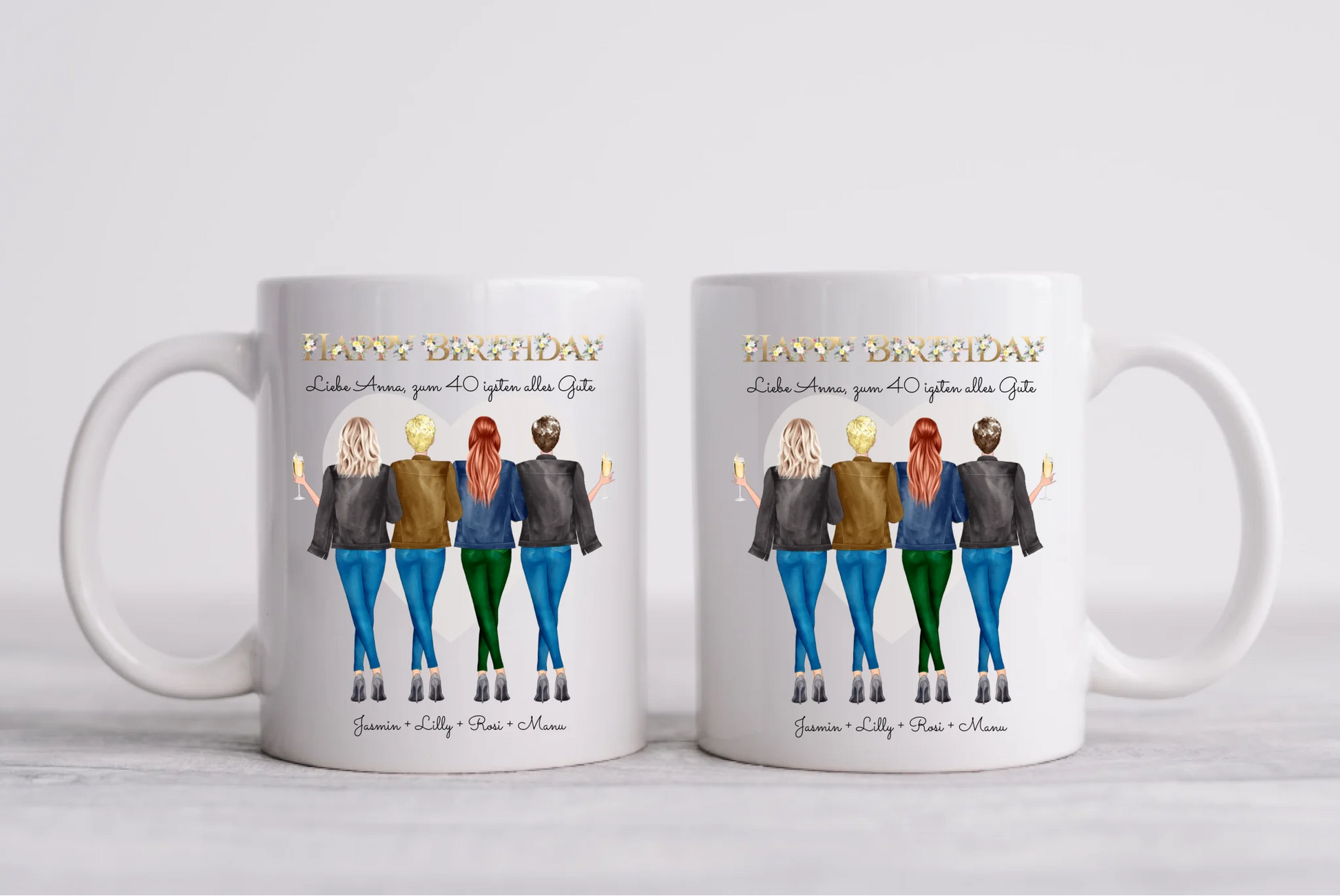 Personalisierte Tasse 40. Geburtstag Freundin - Geburtstagsgeschenk mit 4 Frauen, Freundinnen, Mädchen