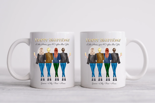 Personalisierte Tasse 40. Geburtstag Freundin - Geburtstagsgeschenk mit 4 Frauen, Freundinnen, Mädchen