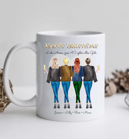 Personalisierte Tasse 40. Geburtstag Freundin - Geburtstagsgeschenk mit 4 Frauen, Freundinnen, Mädchen