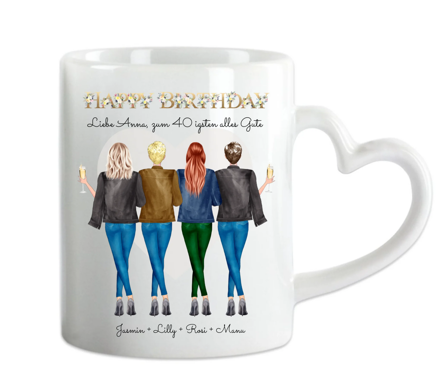 Personalisierte Tasse 40. Geburtstag Freundin - Geburtstagsgeschenk mit 4 Frauen, Freundinnen, Mädchen Herzhenkeltasse Default Mug Classic - Panorama