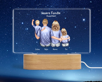 Personalisiertes LED Deko Licht ''Familie mit 2 Kindern'' Geschenk Geburtstag - Muttertag / Vatertag LED-Nachtlicht für Erwachsene & Kinder Landscape Transparent