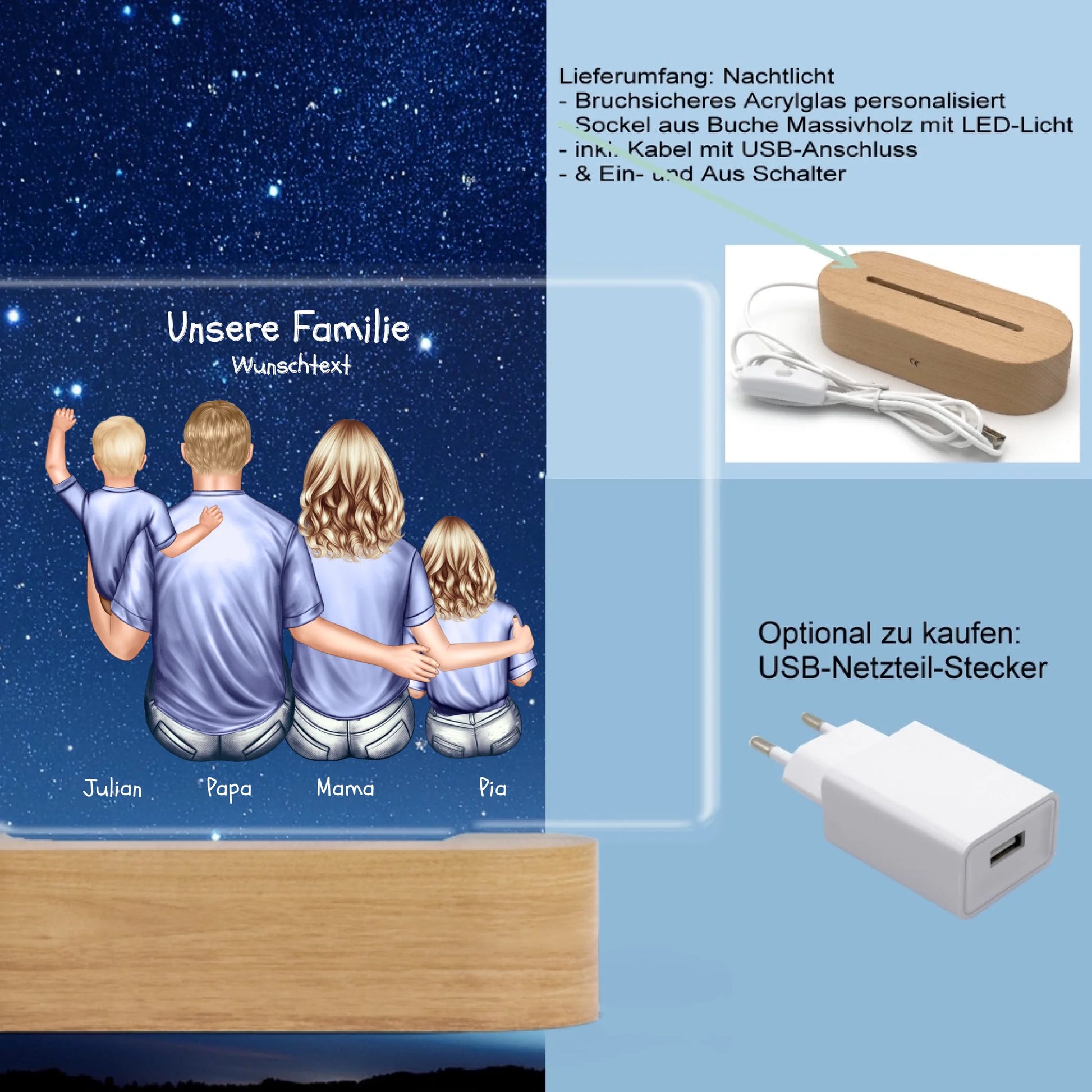 Personalisiertes LED Deko Licht ''Familie mit 2 Kindern'' Geschenk Geburtstag - Muttertag / Vatertag
