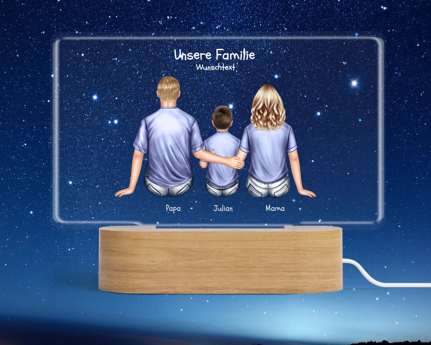Geschenk Muttertag / Vatertag - Personalisiertes LED Deko Licht ''Familie mit 1 Kind LED-Nachtlicht für Erwachsene & Kinder Landscape Transparent