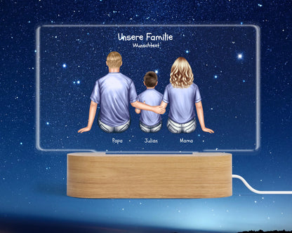 Geschenk Muttertag / Vatertag - Personalisiertes LED Deko Licht ''Familie mit 1 Kind LED-Nachtlicht für Erwachsene & Kinder Landscape Transparent