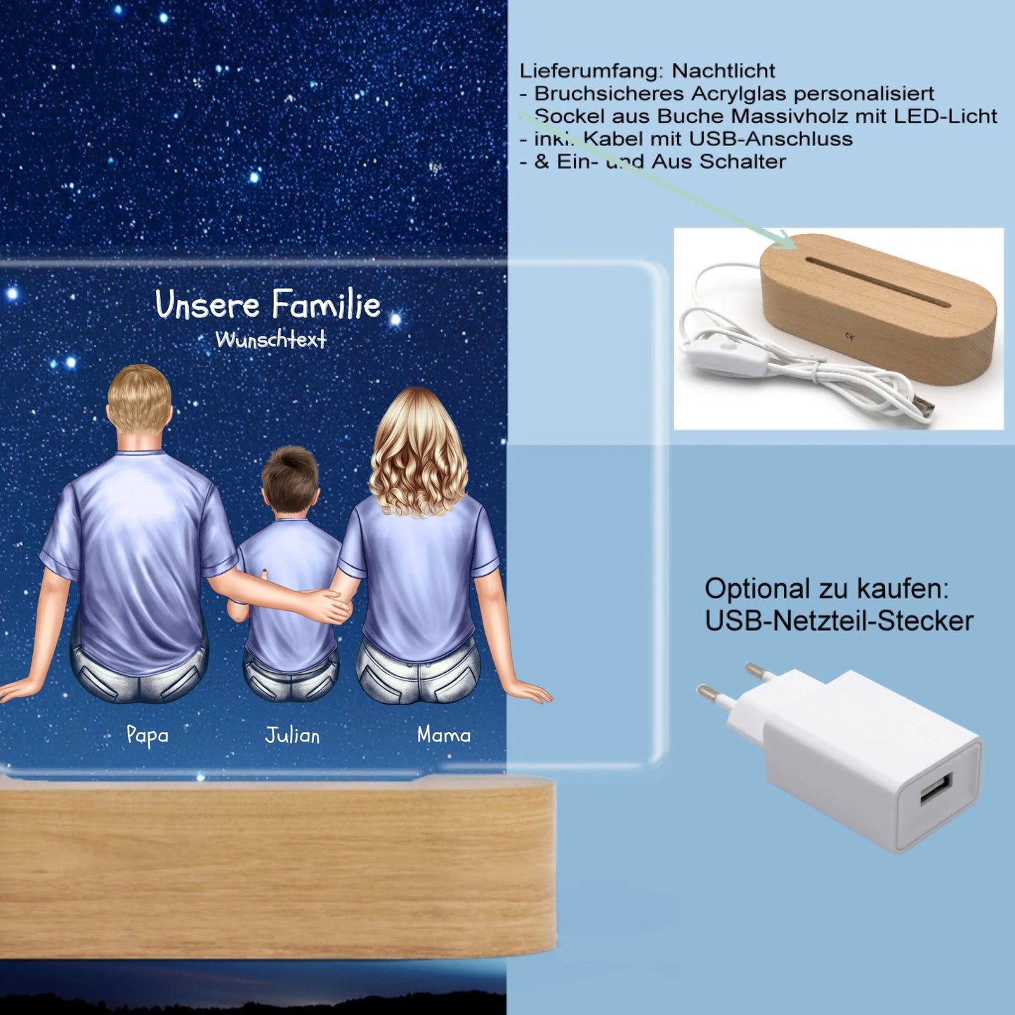 Geschenk Muttertag / Vatertag - Personalisiertes LED Deko Licht ''Familie mit 1 Kind
