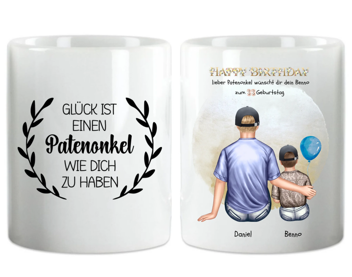 Geburtstagsgeschenk an Patenonkel von Patenkind Mädchen / Junge Tasse mit Spruch pesonalisiert Herzhenkeltasse Default Mug Classic - Panorama