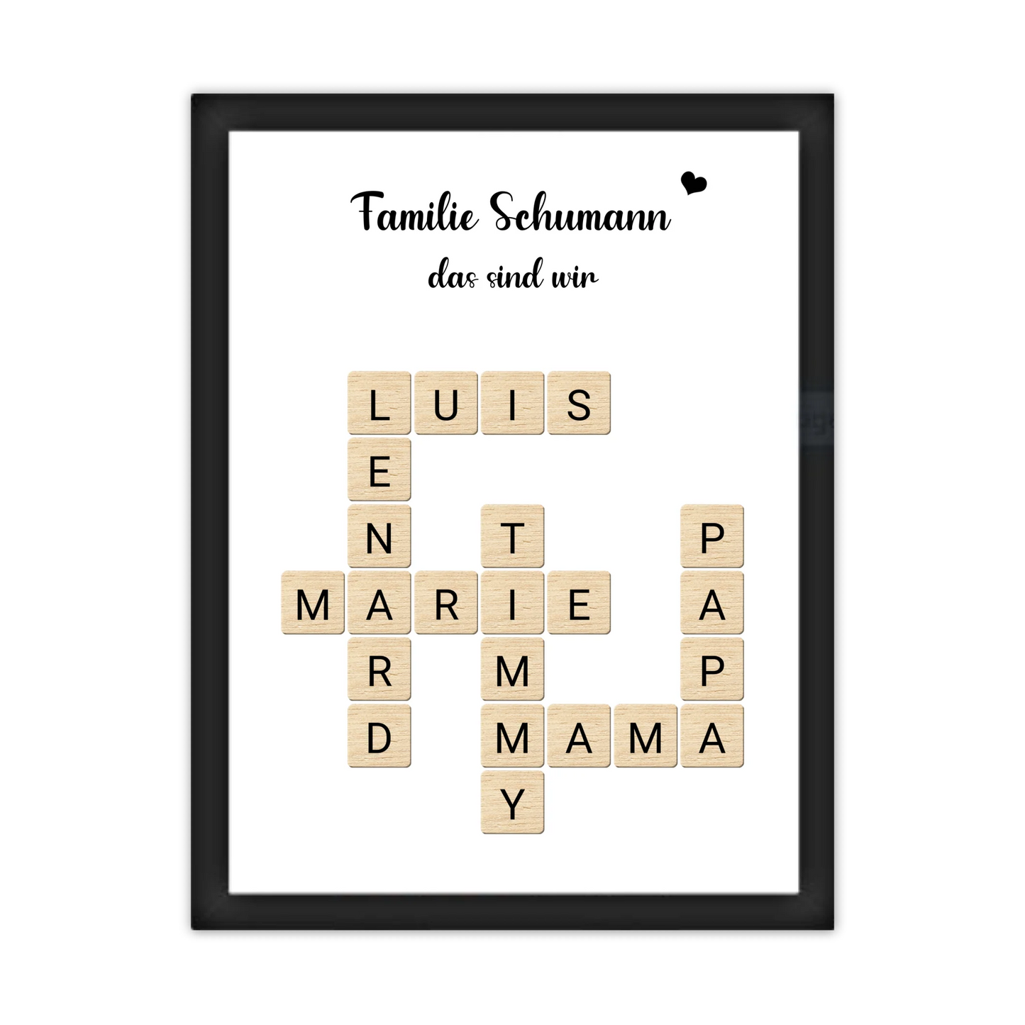 Geschenk Familie - Personalisiertes Scrabble Bild Geschenk mit Namen Gerahmtes Poster schwarz Holzflair Schwarz