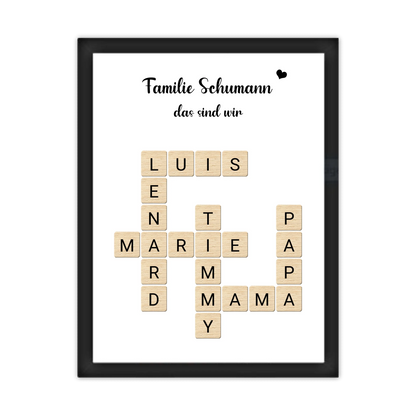 Geschenk Familie - Personalisiertes Scrabble Bild Geschenk mit Namen Gerahmtes Poster schwarz Holzflair Schwarz