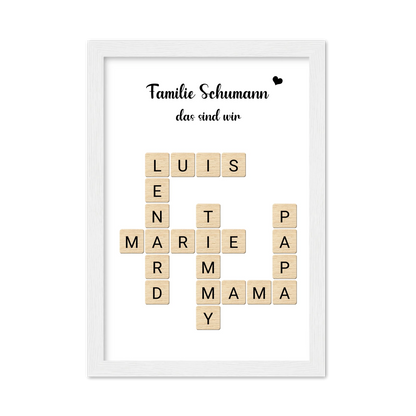Geschenk Familie - Personalisiertes Scrabble Bild Geschenk mit Namen Gerahmtes Poster weiß Holzflair Weiß