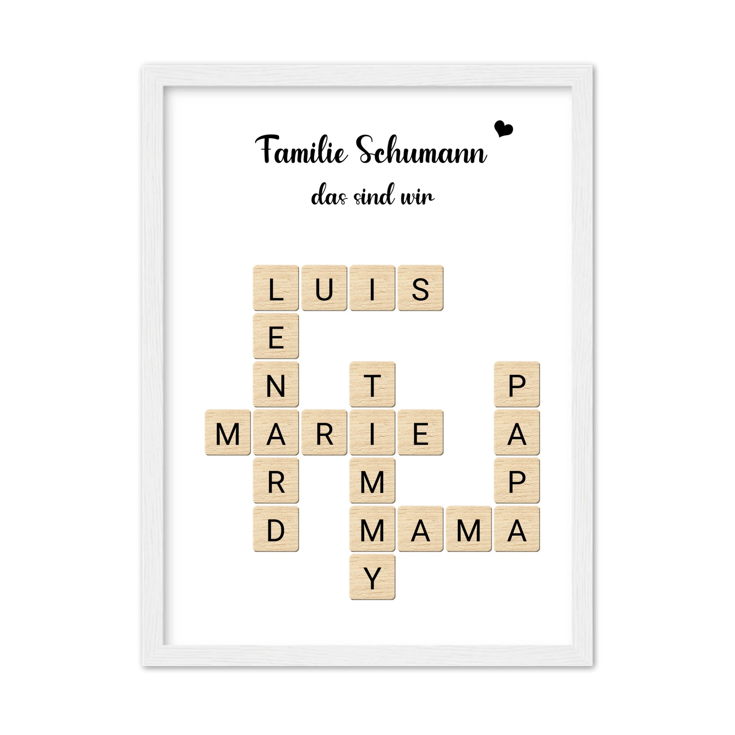 Geschenk Familie - Personalisiertes Scrabble Bild Geschenk mit Namen Gerahmtes Poster weiß Holzflair Weiß
