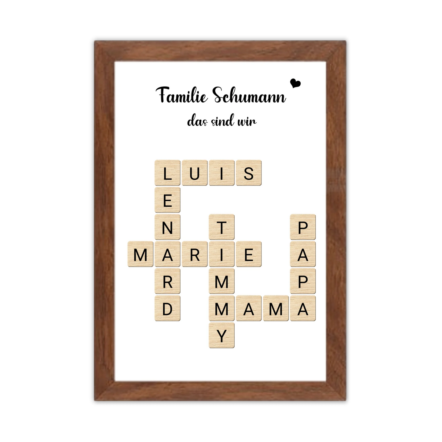 Geschenk Familie - Personalisiertes Scrabble Bild Geschenk mit Namen Gerahmtes Poster Walnussflair Walnussflair